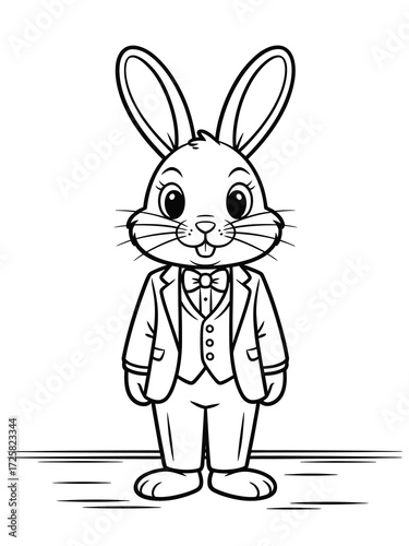 Cute cartoon bunny wearing a suit and bowtie for coloring