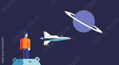 A young adventurer gazes at his spaceship departing towards a distant ringed planet, illustrating a journey of cosmic exploration and future discovery