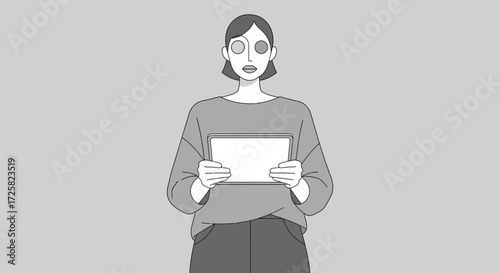 Minimalist illustration of a woman with cucumber slices on her eyes holding a blank sign, a concept for beauty, wellness, and presenting messages