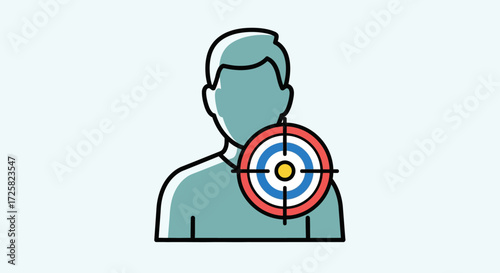 Targeted therapy and pain point concept. A color line icon showing a person with a bullseye on their neck and shoulder for medical diagnosis or treatment