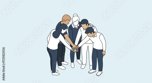 Conceptual illustration of teamwork and unity, showing a diverse group putting their hands together as a symbol of shared vision and collective strength