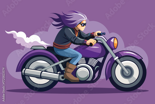 Woman with Purple Hair Riding a Purple Motorcycle biker