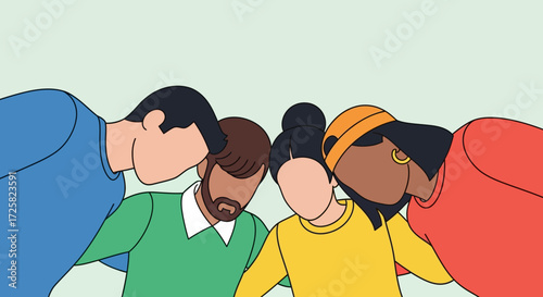 Diverse group of people in a huddle, symbolizing unity, teamwork, and community connection
