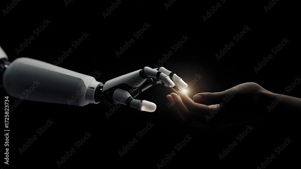Naklejka premium Minimalist glowing robot and human hand almost touching, symbolizing AI power, ethics and control.