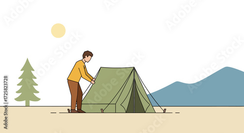 Man setting up a tent in a scenic landscape with mountains and trees under a bright sun