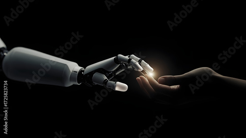 Minimalist glowing robot and human hand almost touching, symbolizing AI power, ethics and control.