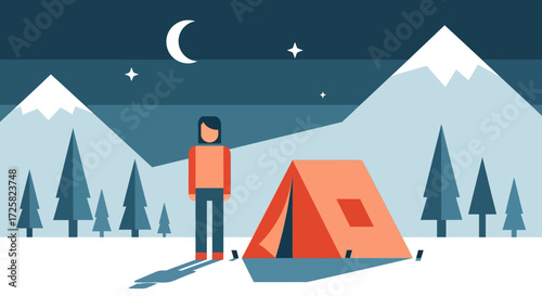 Nighttime Camp Scene with Mountains, Moon, and Figure in Vector Style