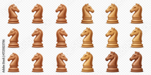 Fifteen knight chess pieces arranged in rows, varying in shades of brown and gold, against a transparent background.