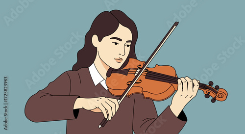 A focused young woman practicing her violin, a detailed vector illustration of a classical musician lost in the melody