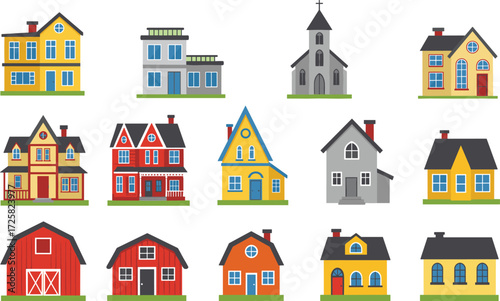 Collection of colorful house illustrations, suburban homes, barns, church building, residential architecture icons, vector design elements set