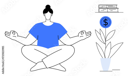 Person in lotus pose meditating beside a money plant and books, symbolizing wealth, knowledge, mindfulness, focus, balance, prosperity, and growth. Ideal for self-improvement productivity wellness