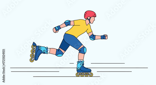 A vector illustration of a person rollerblading in full protective gear, including a helmet and pads, representing an active and healthy lifestyle concept