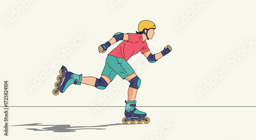 Side view of a person in dynamic motion on inline skates, wearing protective gear. Vector illustration of an active, healthy lifestyle and urban sport