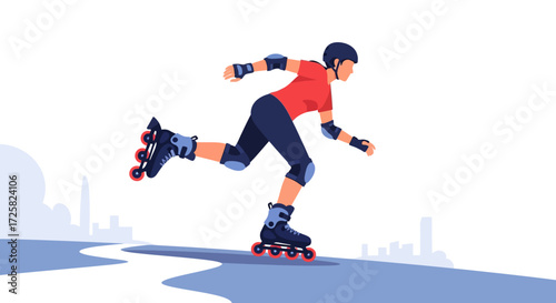 Person inline skating on a road with a city skyline in the background, exercising