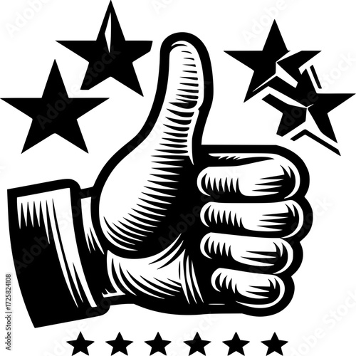 Thumbs Up with Star: A meticulously crafted graphic presents a highly detailed illustration of a hand giving a thumbs up, accentuated by a scattering of stars, symbolizing affirmation, support.