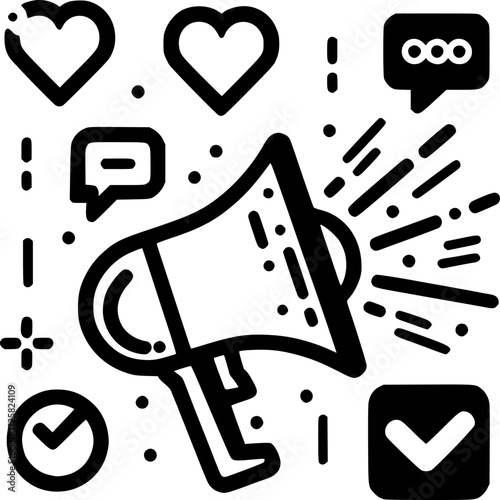 Digital Announcement Icon: A dynamic digital icon depicts a megaphone, surrounded by elements like speech bubbles, checkmarks, and hearts, symbolizing communication, promotion, and approval. 