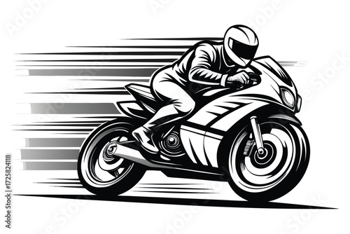 Black and white illustration of a motorcycle rider in motion