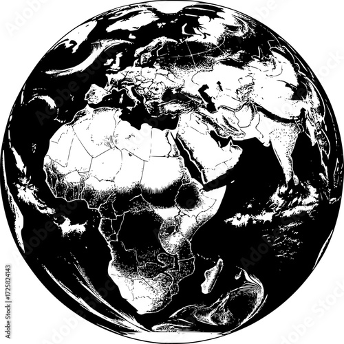 Black and White Global View: A striking black and white rendering of Earth, a bold illustration of the planet's continents and oceans, offering a fresh perspective on our world.