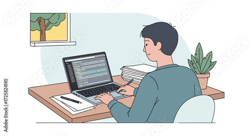 Focused person diligently programming or working on digital tasks at a laptop. This scene represents modern remote work, online learning, and technological skill development
