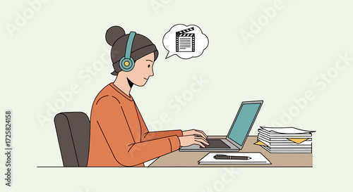 Creative woman with headphones editing video on a laptop computer. Concept of filmmaking, post-production, and digital content creation