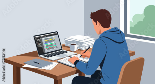 Illustration of a dedicated young student working at his desk, taking notes from a laptop during an online study session