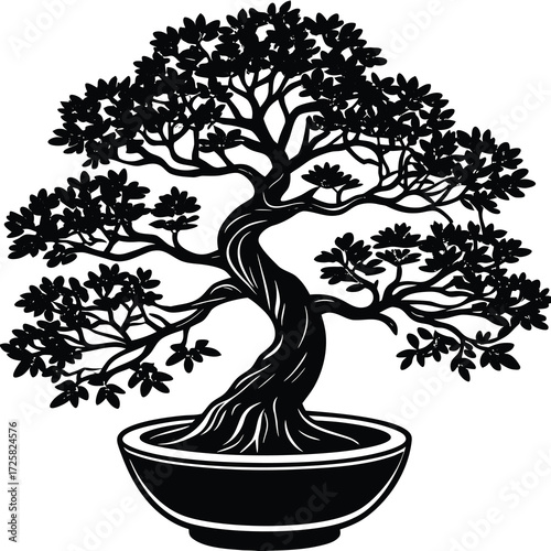 Elegant black and white vector illustration of a detailed bonsai tree perfect for minimalist and nature themed designs