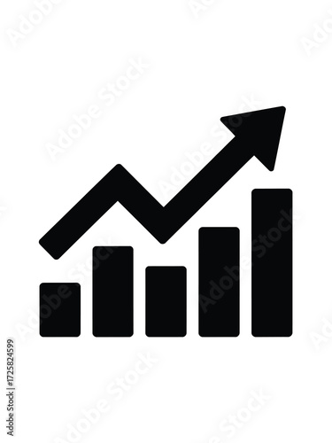 Black bar graph with upward trending arrow indicating growth