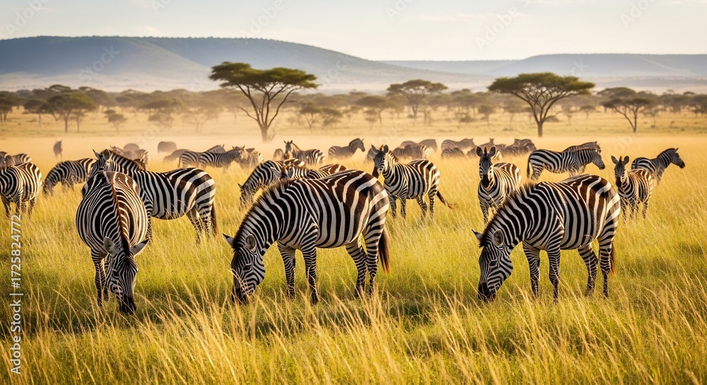 Obraz premium Zebras graze in tall golden grass under acacia trees at sunrise