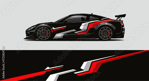 Sleek Black Sports Car with Dynamic Red and White Accents - Perfect for Racing and Speed Enthusiasts