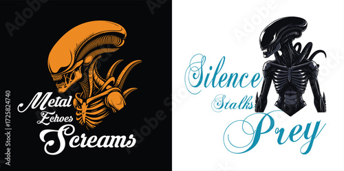 Vector minimalist illustration featuring stylized xenomorph art