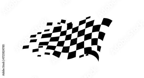 Abstract racing flag icon with a dynamic waving motion and digital pixelated disintegration, symbolizing the end of a competition or victory