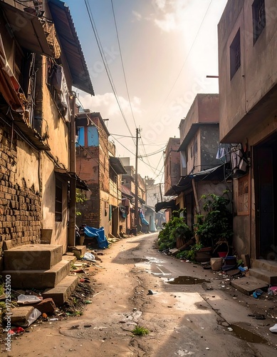 Sunlit alleyway between closely packed, weathered buildings; debris and puddles litter the dirt path