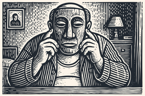 A man puts on a wooden mask, covering his face. A concept of hidden identity or personality in a vintage, hand-drawn woodcut or linocut vector style.