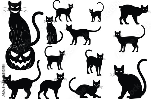 Black cat silhouette vector set, Halloween spooky animal clipart, scary feline poses, pumpkin illustration, witch pet, eerie cartoon elements