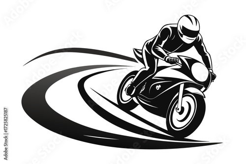 Black and white silhouette of a motorcycle racer in motion
