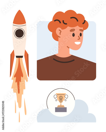 Smiling youth with curly hair alongside a launching rocket and a trophy atop a cloud. Ideal for achievement, ambition, inspiration, success, motivation, progress, goals. Simple flat metaphor