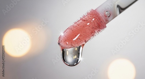 A close-up of a dropper with tinted lip oil, showcasing a dewy finish and glossy texture. The oil appears hydrating and promotes a natural glow.