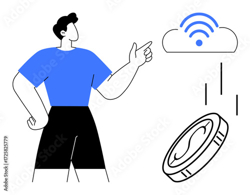Person pointing at a cloud with a wireless symbol while a coin falls below, representing digital finance, connectivity, banking, investment, fintech, cashless payment, modern economy. Simple flat