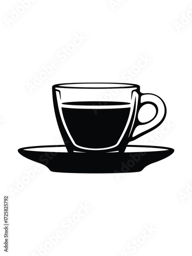 Simple black and white illustration of a coffee cup and saucer