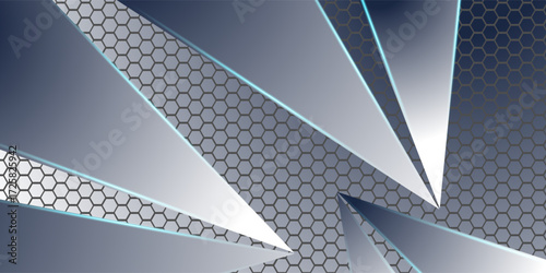 Futuristic abstract background with dark blue honeycomb texture and sleek panels in blue and gray, accented by neon blue lines for a modern tech or gaming vibe.