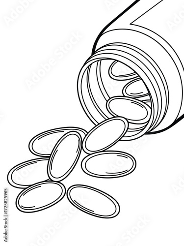 Line art illustration of an open bottle with pills spilling out