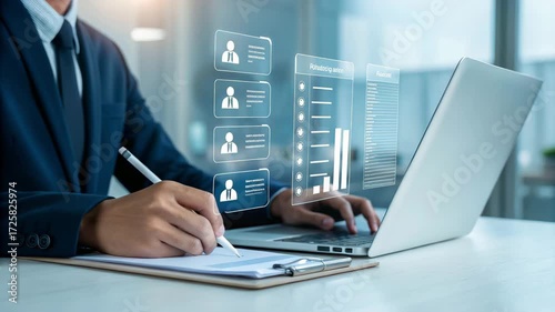 Man in suit analyzing data on laptop while writing on clipboard in bright office environment setting