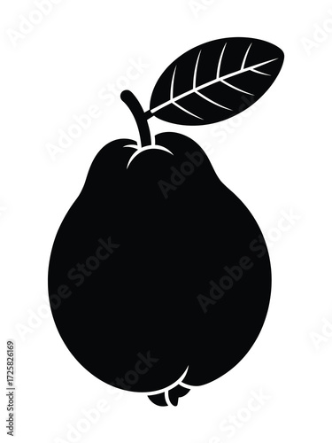 Black silhouette of a quince fruit with a leaf and stem