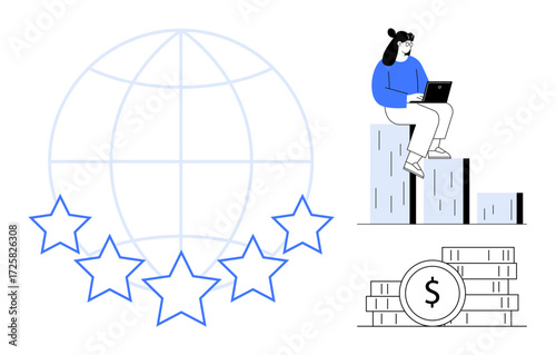 Globe, five stars, person on laptop atop bar graph, coins stack symbolizing success, growth, and global reach. Ideal for business, e-commerce, finance technology rating globalization success