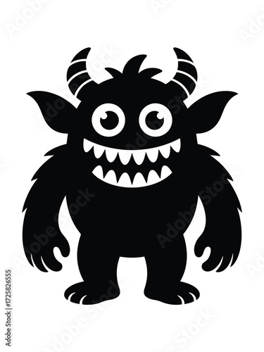 Cute black silhouette monster with big eyes and sharp teeth