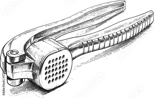 Detailed metallic garlic press on a kitchen preparation surface