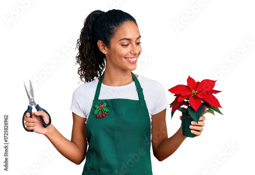 Florist Holding Poinsettia and Scissors on White Background