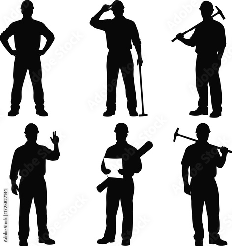 Construction worker silhouettes, engineer poses, hard hat professionals, industrial tools, blueprint holding, wrench carrying, safety gestures, vector illustration for stock content
