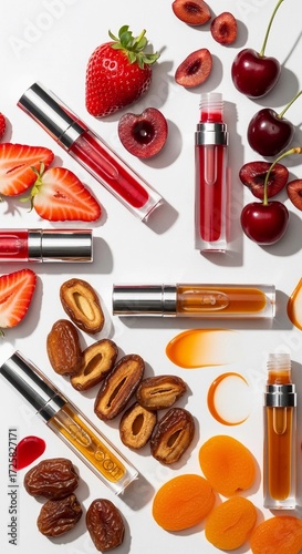 Various lip oils arranged with fresh fruits including strawberries, cherries, and dates. The scene highlights a clean beauty concept with a focus on hydration and glossy finishes.