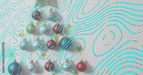 Teal overlay drifting nudging baubles into triangle stack while star topper descending forming tree